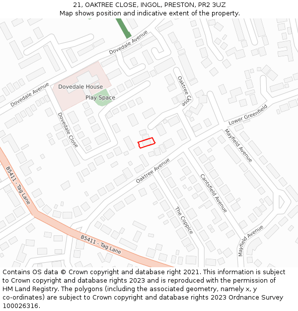 21, OAKTREE CLOSE, INGOL, PRESTON, PR2 3UZ: Location map and indicative extent of plot