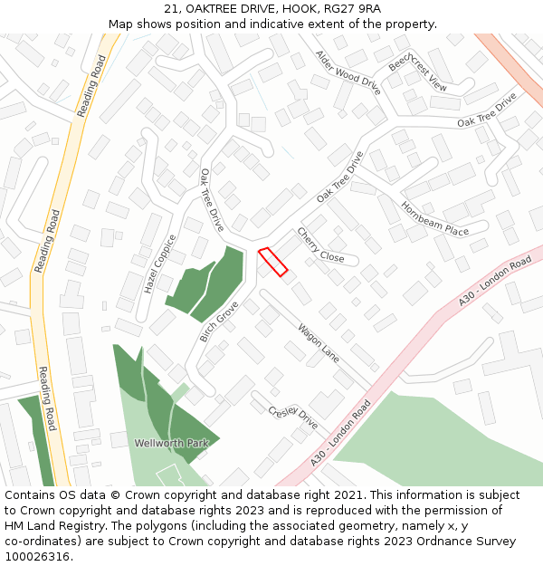 21, OAKTREE DRIVE, HOOK, RG27 9RA: Location map and indicative extent of plot