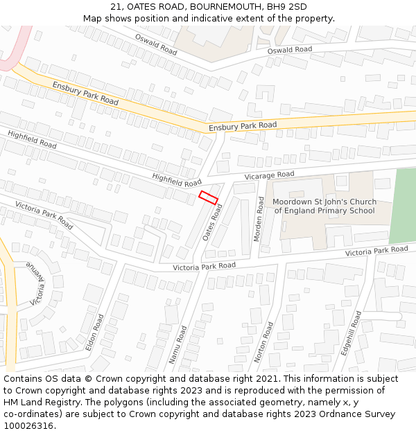 21, OATES ROAD, BOURNEMOUTH, BH9 2SD: Location map and indicative extent of plot