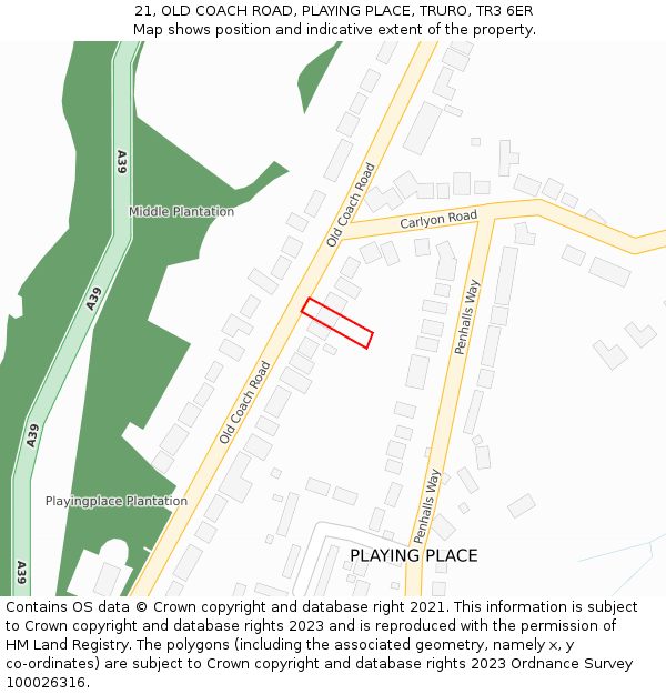 21, OLD COACH ROAD, PLAYING PLACE, TRURO, TR3 6ER: Location map and indicative extent of plot