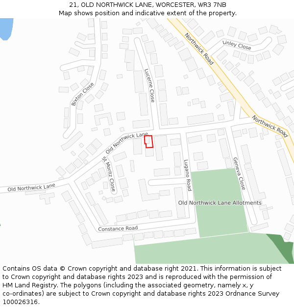 21, OLD NORTHWICK LANE, WORCESTER, WR3 7NB: Location map and indicative extent of plot