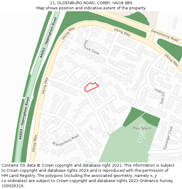 21, OLDENBURG ROAD, CORBY, NN18 9BS: Location map and indicative extent of plot