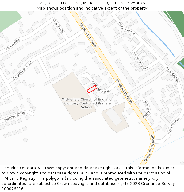 21, OLDFIELD CLOSE, MICKLEFIELD, LEEDS, LS25 4DS: Location map and indicative extent of plot