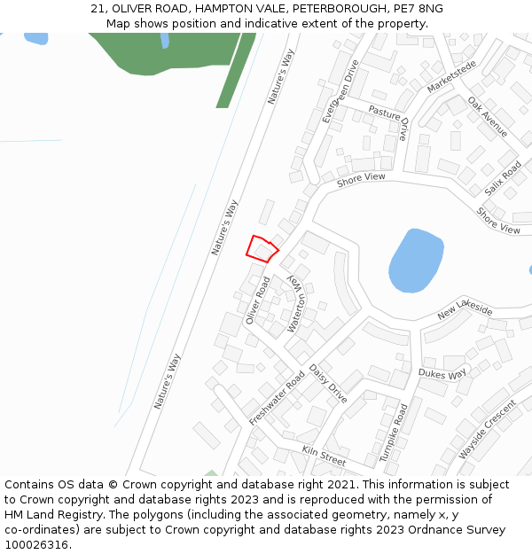 21, OLIVER ROAD, HAMPTON VALE, PETERBOROUGH, PE7 8NG: Location map and indicative extent of plot