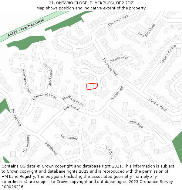 21, ONTARIO CLOSE, BLACKBURN, BB2 7DZ: Location map and indicative extent of plot