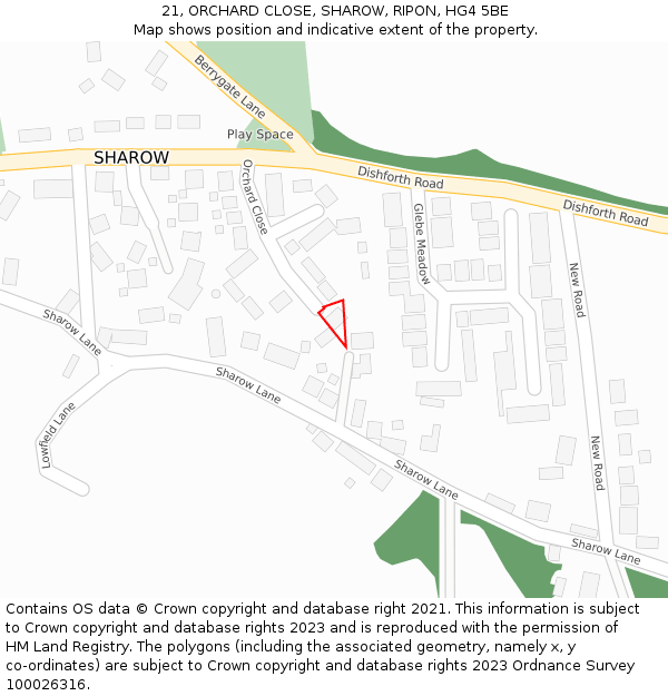 21, ORCHARD CLOSE, SHAROW, RIPON, HG4 5BE: Location map and indicative extent of plot