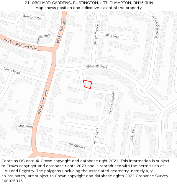 21, ORCHARD GARDENS, RUSTINGTON, LITTLEHAMPTON, BN16 3HN: Location map and indicative extent of plot
