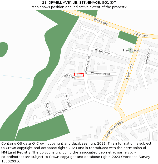 21, ORWELL AVENUE, STEVENAGE, SG1 3XT: Location map and indicative extent of plot