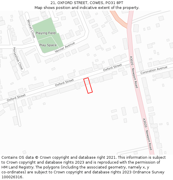 21, OXFORD STREET, COWES, PO31 8PT: Location map and indicative extent of plot