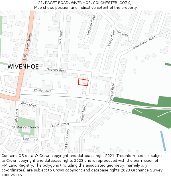 21, PAGET ROAD, WIVENHOE, COLCHESTER, CO7 9JL: Location map and indicative extent of plot