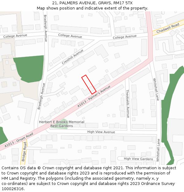 21, PALMERS AVENUE, GRAYS, RM17 5TX: Location map and indicative extent of plot