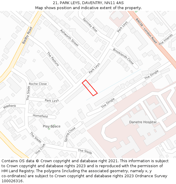 21, PARK LEYS, DAVENTRY, NN11 4AS: Location map and indicative extent of plot