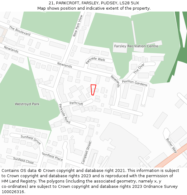 21, PARKCROFT, FARSLEY, PUDSEY, LS28 5UX: Location map and indicative extent of plot