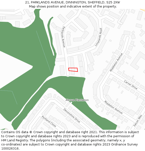 21, PARKLANDS AVENUE, DINNINGTON, SHEFFIELD, S25 2XW: Location map and indicative extent of plot