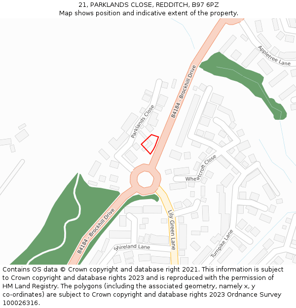 21, PARKLANDS CLOSE, REDDITCH, B97 6PZ: Location map and indicative extent of plot