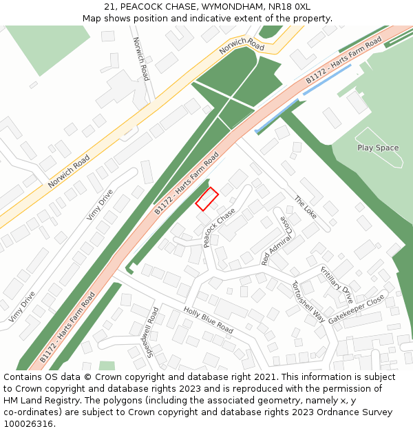 21, PEACOCK CHASE, WYMONDHAM, NR18 0XL: Location map and indicative extent of plot