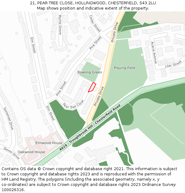21, PEAR TREE CLOSE, HOLLINGWOOD, CHESTERFIELD, S43 2LU: Location map and indicative extent of plot