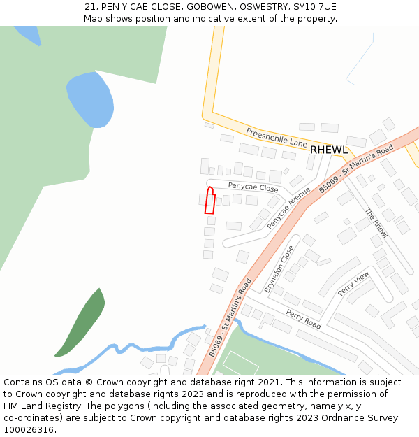 21, PEN Y CAE CLOSE, GOBOWEN, OSWESTRY, SY10 7UE: Location map and indicative extent of plot