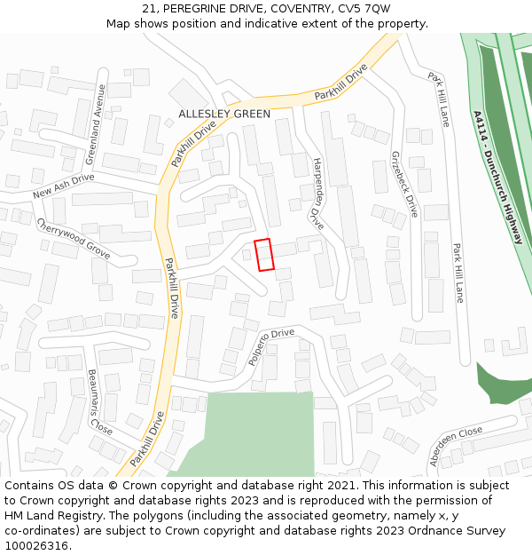21, PEREGRINE DRIVE, COVENTRY, CV5 7QW: Location map and indicative extent of plot