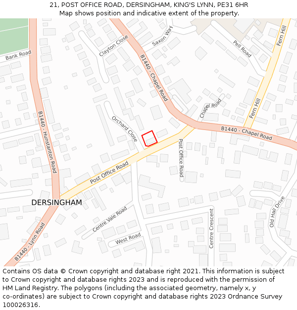 21, POST OFFICE ROAD, DERSINGHAM, KING'S LYNN, PE31 6HR: Location map and indicative extent of plot