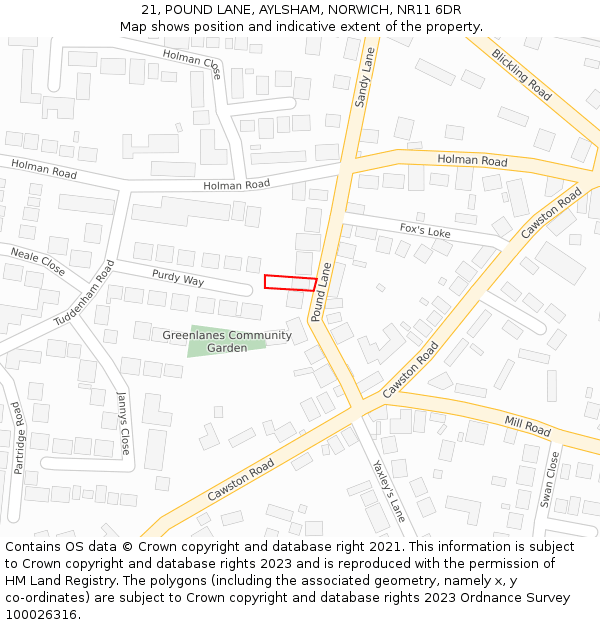 21, POUND LANE, AYLSHAM, NORWICH, NR11 6DR: Location map and indicative extent of plot