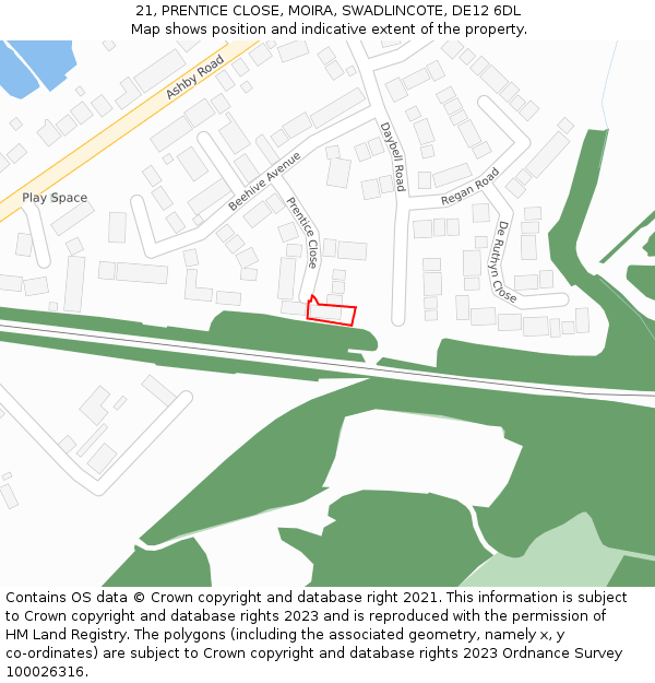 21, PRENTICE CLOSE, MOIRA, SWADLINCOTE, DE12 6DL: Location map and indicative extent of plot