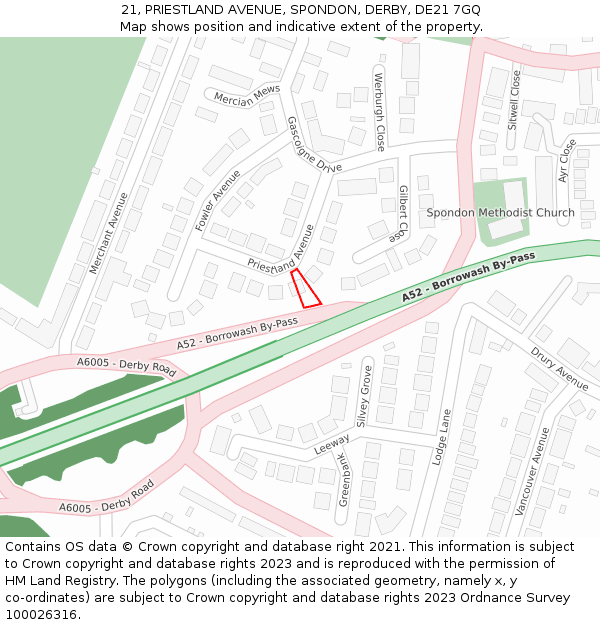 21, PRIESTLAND AVENUE, SPONDON, DERBY, DE21 7GQ: Location map and indicative extent of plot