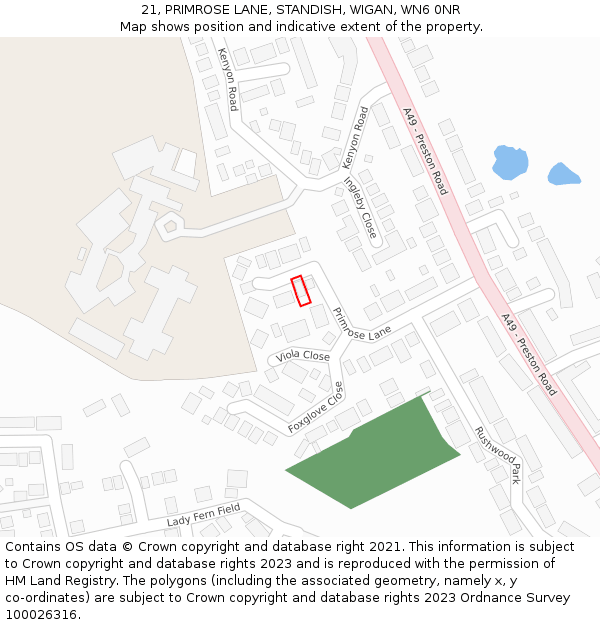 21, PRIMROSE LANE, STANDISH, WIGAN, WN6 0NR: Location map and indicative extent of plot