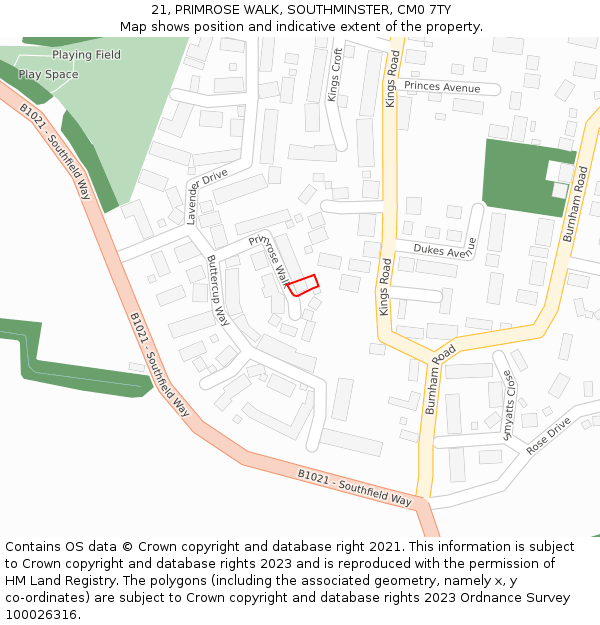 21, PRIMROSE WALK, SOUTHMINSTER, CM0 7TY: Location map and indicative extent of plot