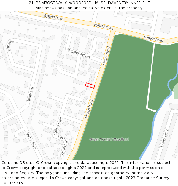 21, PRIMROSE WALK, WOODFORD HALSE, DAVENTRY, NN11 3HT: Location map and indicative extent of plot