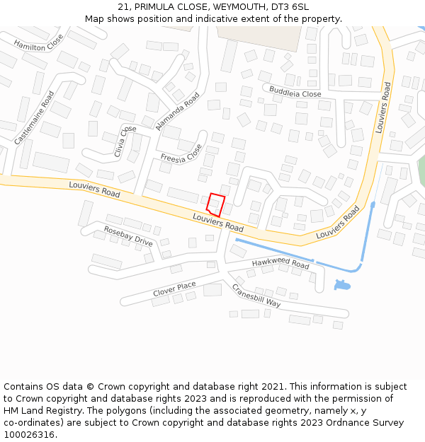 21, PRIMULA CLOSE, WEYMOUTH, DT3 6SL: Location map and indicative extent of plot