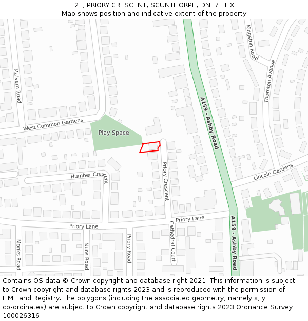 21, PRIORY CRESCENT, SCUNTHORPE, DN17 1HX: Location map and indicative extent of plot