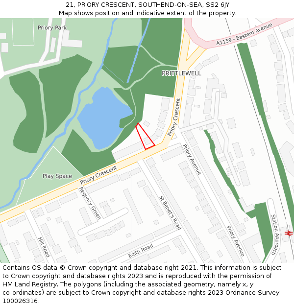 21, PRIORY CRESCENT, SOUTHEND-ON-SEA, SS2 6JY: Location map and indicative extent of plot
