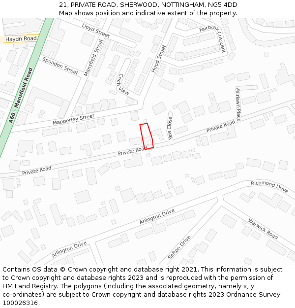 21, PRIVATE ROAD, SHERWOOD, NOTTINGHAM, NG5 4DD: Location map and indicative extent of plot