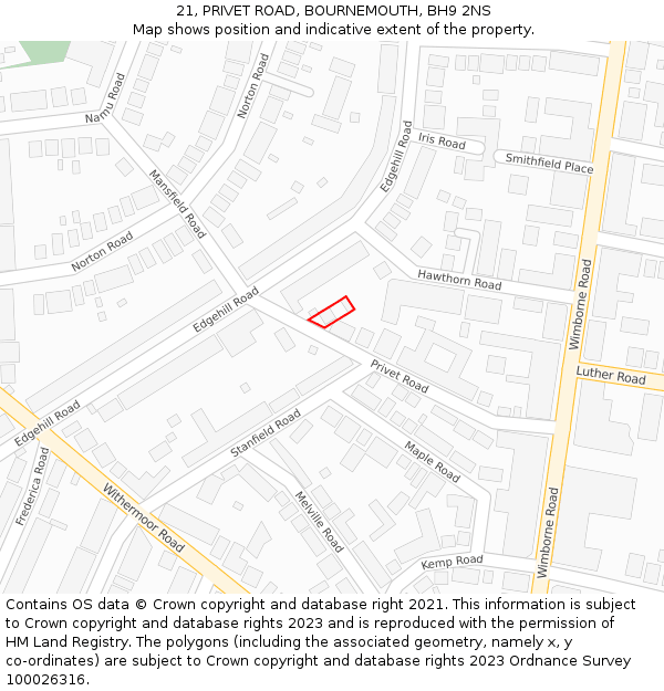 21, PRIVET ROAD, BOURNEMOUTH, BH9 2NS: Location map and indicative extent of plot