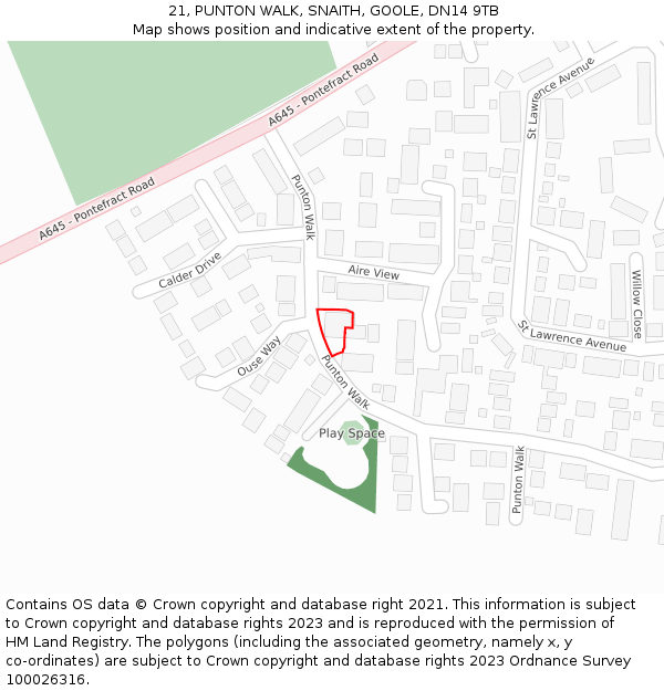 21, PUNTON WALK, SNAITH, GOOLE, DN14 9TB: Location map and indicative extent of plot