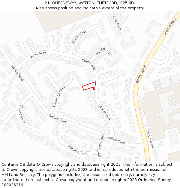21, QUEENSWAY, WATTON, THETFORD, IP25 6BL: Location map and indicative extent of plot