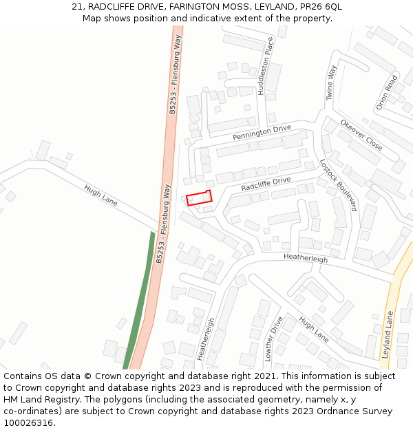 21, RADCLIFFE DRIVE, FARINGTON MOSS, LEYLAND, PR26 6QL: Location map and indicative extent of plot