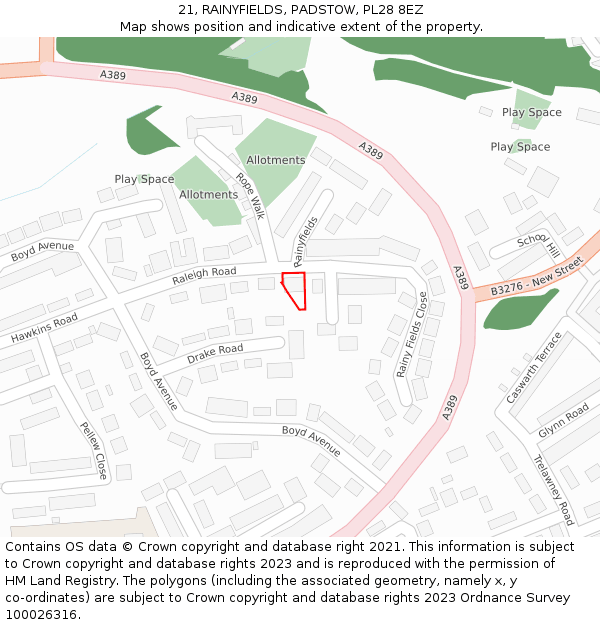21, RAINYFIELDS, PADSTOW, PL28 8EZ: Location map and indicative extent of plot