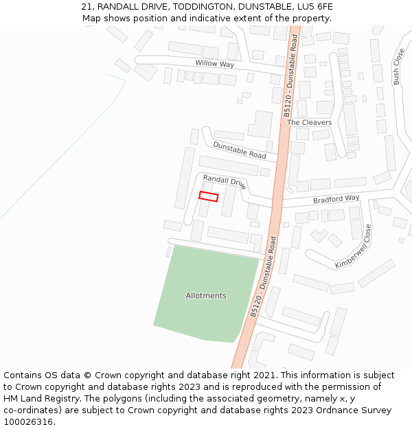 21, RANDALL DRIVE, TODDINGTON, DUNSTABLE, LU5 6FE: Location map and indicative extent of plot