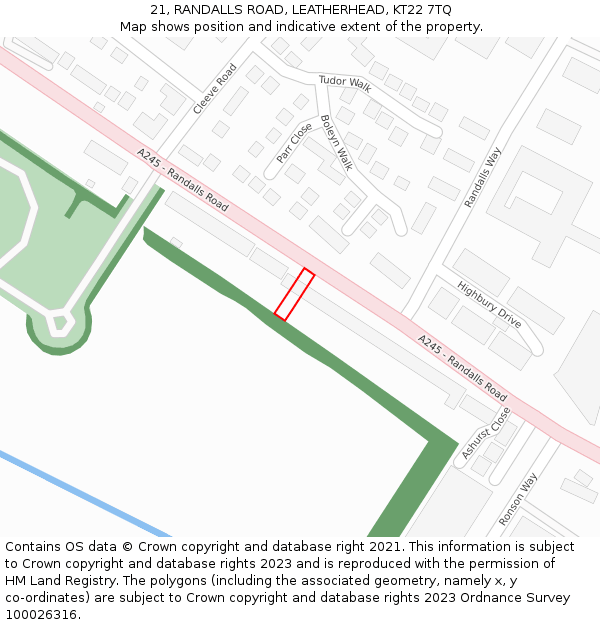 21, RANDALLS ROAD, LEATHERHEAD, KT22 7TQ: Location map and indicative extent of plot