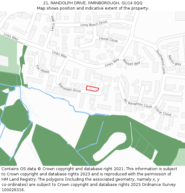 21, RANDOLPH DRIVE, FARNBOROUGH, GU14 0QQ: Location map and indicative extent of plot