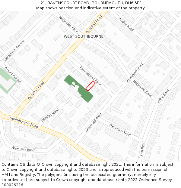 21, RAVENSCOURT ROAD, BOURNEMOUTH, BH6 5EF: Location map and indicative extent of plot