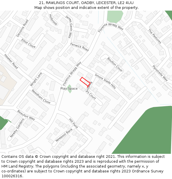 21, RAWLINGS COURT, OADBY, LEICESTER, LE2 4UU: Location map and indicative extent of plot