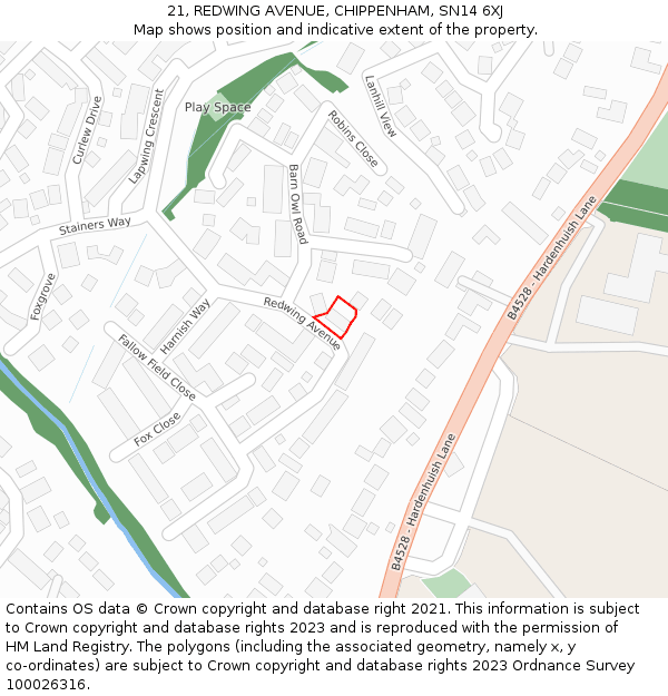 21, REDWING AVENUE, CHIPPENHAM, SN14 6XJ: Location map and indicative extent of plot