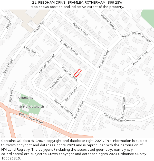 21, REEDHAM DRIVE, BRAMLEY, ROTHERHAM, S66 2SW: Location map and indicative extent of plot