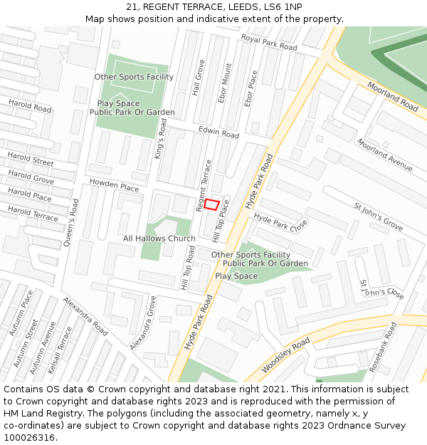 21, REGENT TERRACE, LEEDS, LS6 1NP: Location map and indicative extent of plot
