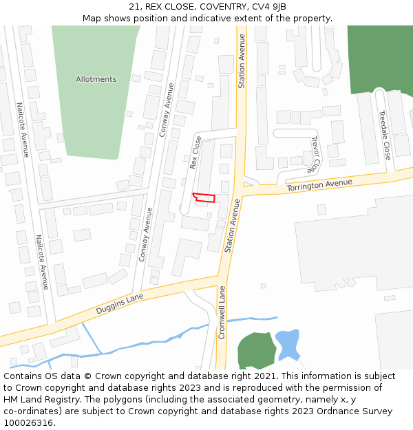 21, REX CLOSE, COVENTRY, CV4 9JB: Location map and indicative extent of plot