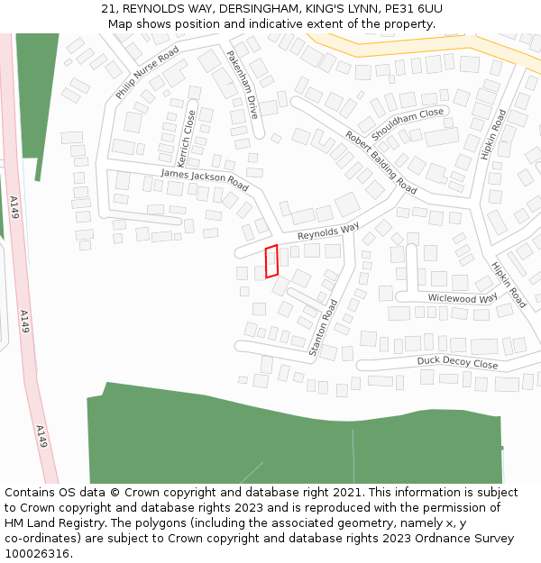 21, REYNOLDS WAY, DERSINGHAM, KING'S LYNN, PE31 6UU: Location map and indicative extent of plot