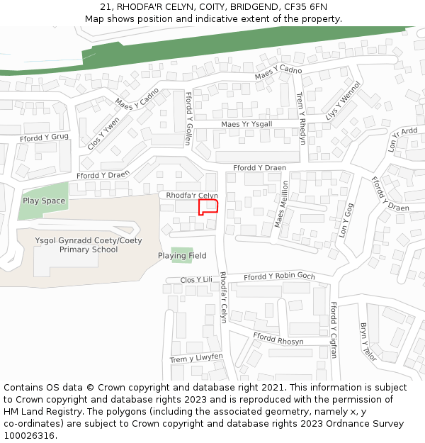 21, RHODFA'R CELYN, COITY, BRIDGEND, CF35 6FN: Location map and indicative extent of plot